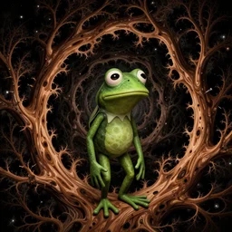 Dark Forest fractal Light Through Canopy black sky Ziricote Ivory Brazilian Rosewood wandering pepe the frog standing upright the value of grief and loss Dark Forest Canopy loss, Luminism, pepe the frog, 8k, art in the style of Francisco de Goya and Thomas Cole and Gustave dore