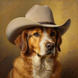 dog with cowboy hat, painted by rembrandt, intricate, ultra detailed, painting, atmospheric lighting, golden hour.