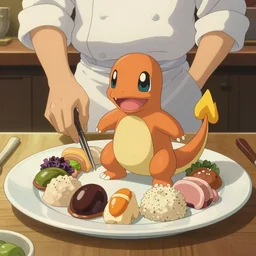 a shot of a beautiful delicious plate of food, a hand crafted meal made of the pokemon charmander, amazing food illustration, chef table, in style of studio ghibli, miyazaki, anime