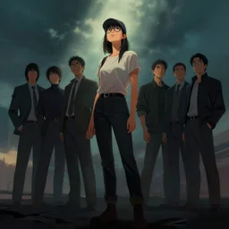 a full body girl wearing glasses and a cap, looking to the skies, cinematic lighting, dramatic atmosphere, artwork by dustin nguyen, akihiko yoshida, greg tocchini, greg rutkowski, cliff chiang, 4 k resolution, trending on artstation,