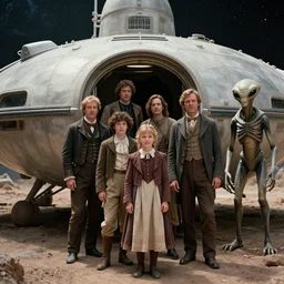 film still from a sci fi blockbuster movie made in 2022, set in 1860, of a family leaving a spaceship, that has just landed on an alien planet, wearing 1850s era clothes, a humanoid alien stands nearby, cinematic lighting, 8k, in focus faces, oscar winner, high quality photography