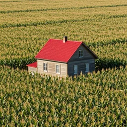 A medium shot angle of a small house in the middle of a corn field. The house have red roof.. .