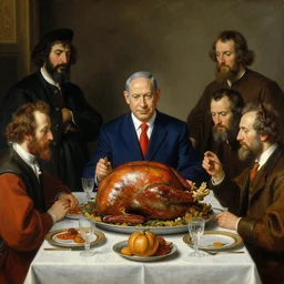 insanely detailed painting of benjamin netanyahu at thanksgiving table, turkey, by giuseppe arcimboldo and pieter claesz and grant wood
