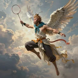 sun wukong flying with a racket as Nike Goddess portrait, wings, luxuriant, dreamy, eternity, romantic, strong pose, highly detailed,in the style of Franz Xaver Winterhalter, highly detailed,in the style of Aetherpunk