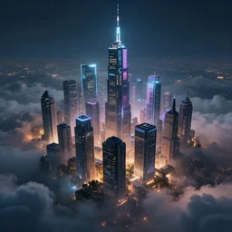 a cinematic keyframe of a cyberpunk city at night that is situated in the clouds, highly detailed, sharp focus, unreal engine highly rendered, radiant light, subtle light fog