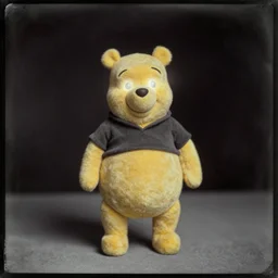 daguerreotype photograph of winnie the pooh with [ [ [ [ [ [ [ [ [ [ [ [ [ illuminated eyes, light coming out of his eyes ] ] ] ] ] ] ] ] ] ] ] ] ], standing in the middle of the room, black background
