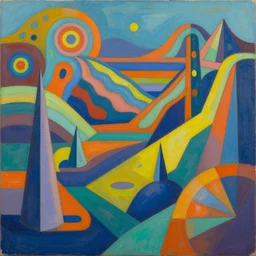 a psychedelic visionary painting of an abstract geometric landscape, painted by Jake Amason, Zach Jackson, Stephen Kruse, and Seth McMahon.