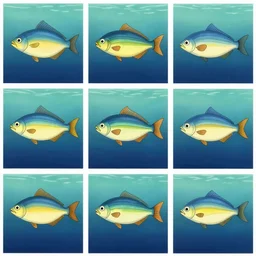 a 3 x 3 grid of an animation sequence of a fish swimming illustrated by salvador dali. in - frame