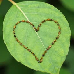 a close up of a leaf with insect trails which look like a heart, 8 k nature photography