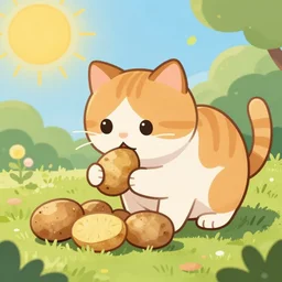 cat eat potatos un the sun, colorful, smooth, illustration, art