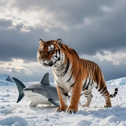 A shark tiger hybrid in the Arctic snow. A creature that is half tiger half shark. National Geographic photograph