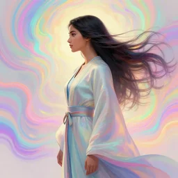 side profile portrait, maya ali, wind sorcerer, dota, robes, elegant, concept art, smooth, psychedelic, colorful swirly magic ripples, pastel colors, by greg rutkowski, jesper ejsing, ilya kuvshinov, artgerm, mucha