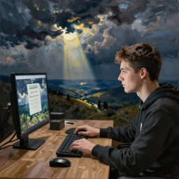 gamer at his computer Zdzisław Beksiński, oil on canvas