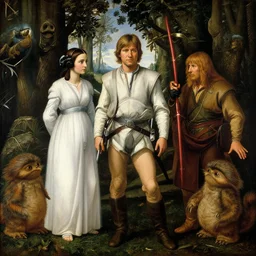 luke skywalker, princess leia and han solo meet the ewoks in the forest of endor, in return of the jedi, a masterful painting by sandro botticelli