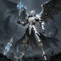 dark seraphim knight in light armor wielding a magical lance, slaying a sky beast, full body heroic pose. dark water, cyberpunk pearl armor, futuristic fantasy, highly detailed, digital painting, trending on artstation, concept art, sharp focus, illustration, art by artgerm and nixeu and greg rutkowski and magali villeneuve.