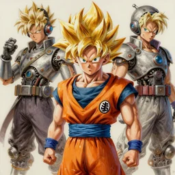 semi reallistic gouache gesture painting, by yoshitaka amano, by ruan jia, by Conrad roset, by dofus online artists, detailed anime 3d render of goku KID super Saiyan, young goku blond,crono, Dragon Quest, crono, goku,   portrait, cgsociety, artstation, rococo mechanical, Digital reality, sf5 ink style, dieselpunk atmosphere, gesture  drawn