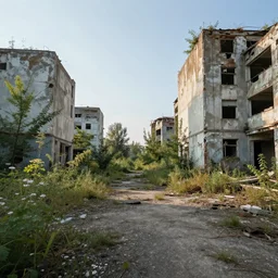 photorealistic photograph of an abandoned dilapidated overgrown city, afternoon, bloom