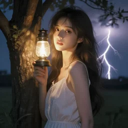 beautiful girl standing by a tree, lightning and storms in the background, in the style artgerm, digital art, trending