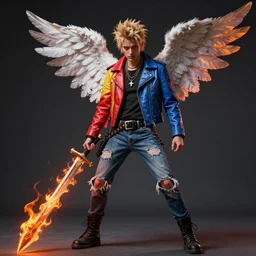 a punk angel dressed in a multicolored leather jacket, and ripped jeans rebelling from god wielding a fiery sword trending on artstation deviantart pinterest furaffinity detailed realistic hd 8 k high resolution