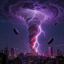 huge tornadoes, the mysterious city of atlantis appears a strange purple red lightning tornado. countless broken stones float in the tornado vortex, reversing the future. the atmosphere is excellent, fantasy, rich colors, starlight rippling, dreamlike, magnificent close - up shot of the film, trending on artstation, realistic matte painting.