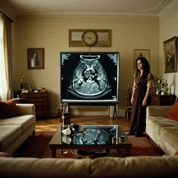 an mri image in the living room, film still from the movie directed by denis villeneuve with art direction by salvador dali, wide lens