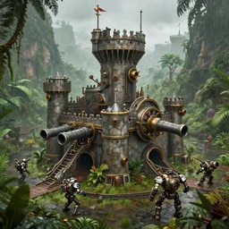 armored castle steampunk, with cannons, rocket launcher, robotic soldiers, in a jungle valley, in the rain, octane render, volumetric, unreal engine, depth of field