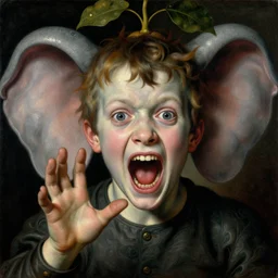 a boy like eraserhead and elephant man with his hand, looking straight into camera, screaming in desperation, by giuseppe arcimboldo and ambrosius benson, renaissance, fruit, intricate and intense oil paint, a touch of beksinski and hr giger and edward munch, realistic, rules of composition, headspace