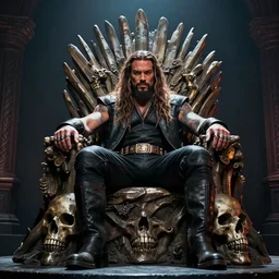 wide angle of jason momoa as lobo from dc comics sitting on a skull throne