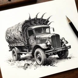 beautiful aesthetic inspirational masterful professional ink pen and watercolor sketch of an occult mystical eerie satanic truck in ww 1 verdun, fine details, trending on artstation, high quality paper