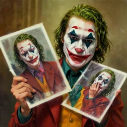 the joker holding Margot Robbie printed pictures, digital painting, amazing detail, artstation, cgsociety