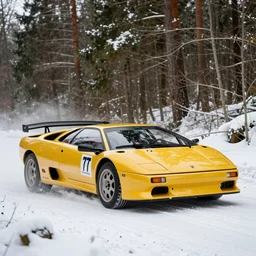 a 1 9 9 9 lamborghini diablo gtr, racing through a rally stage in a snowy forest