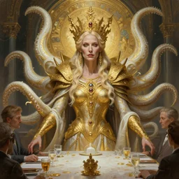 portrait of a middle aged blonde haired woman in the style of god of war, corrupted lovecraftian royal golden humanoid queen at a board meeting, 8 intricate white and gold tentacles,, intricate, elegant, highly detailed, digital painting, artstation, concept art, smooth, sharp focus, illustration, art by artgerm and greg rutkowski and alphonse mucha, 8 k