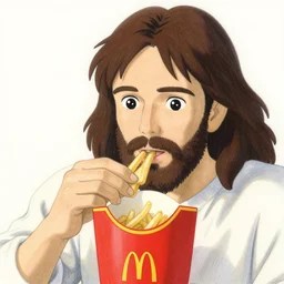 obese jesus christ eating at mcdonalds, finely illustrated face, highly detailed, colored pencil, studio ghibli, tankobon, in the style of ilya kuvshinov and krenz cushart and william - adolphe bouguereau and alphonse mucha