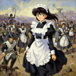 classical oil painting of anime key visual environment concept art of the 1 9 1 8 great war in a battlefield, anime maid soldiers, japanese maids, trending on artstation, brush strokes, oil, canvas, style of kawacy makoto shinkai jamie wyeth james gilleard edward hopper greg rutkowski, preserved historical