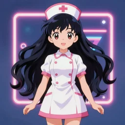anime style, vivid, expressive, full body, 4 k, painting, a cute magical girl with a long wavy black hair wearing a nurse outfit, stunning, realistic light and shadow effects, neon lights, centered, simple background, studio ghibly makoto shinkai yuji yamaguchi