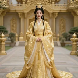 hyperrealist portrait of a girl emperorit is decorated with long robes that fall like golden stars, an ostentatious palace and garden are seen in the background. by jeremy mann and alphonse mucha, fantasy art, photo realistic, dynamic lighting, artstation, poster, volumetric lighting, very detailed faces, 4 k, award winning