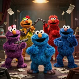 sesame street characters bank heist, violent, dark, gritty, guns, money