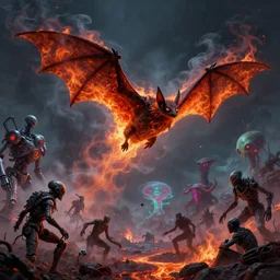 bat made of smoke, lava and fire flying in the sky ; bat flying in the sky ; bat flying in the sky ; humans being devoured ; aliens, robotic machines, gods, bio - mechanical intelligences, glitch creatures, dmt entity ; lsd art, trending on artstation, style greg rutkowski
