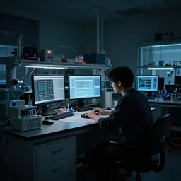a dimly lit electronic laboratory, artstation,