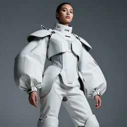 a fashion photography of a beautiful female model, oversized sci fi clothes, low angle, from below, hyper realistic, editorial from Vogue