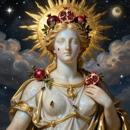 MARBLE, intricate, majestic, baroque ,sistina, saint Woman, Venus godness Athena, beautiful, gracious, pagans, marble and gold, space, stars, clouds, sun, greeks, coerent face, fruits, bioluminescent skin, bees, pomegranade, by annie leibovitz