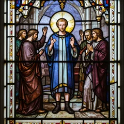 still of glass work of jesse pinkman in stained glass, scene set in a church, biblical, praise jesse pinkman, mythological, by harvey littleton, by vera liskova, by lino tagliapietra, by dale chihuly, beautiful composition