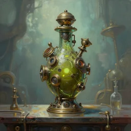 a painting of a complex detailed steampunk mechanical neon olive colored potion bottle centred on a counter, by h. r. giger, hyperrealistic fantasy art, concept matte, ethereal, dreamy, digital art, trending on artstation, volumetric cinematic lighting