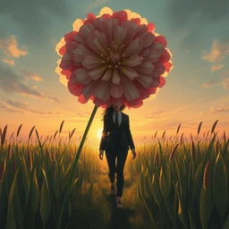 giant carnation flower head, frontal, girl in a suit, walking in tall grass, surreal photography, sunrise, dramatic light, impressionist painting, digital painting, artstation, simon stalenhag