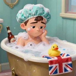 Frank Dillane taking a bubble bath in an old-fashioned bathtub, bubbles, bashful, shy, adorable, shower cap, rubber ducky, union jack bath towel, beer bottle, artgerm, disney colors, artstation, epic composition, award winning artwork, trending on artstation, high quality printing, Ilya Kuvshinov, very coherent