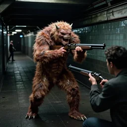 color video footage of the monster hunting in dark subway station, a man holding shotgun, midnight, 2 0 0 0's