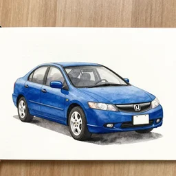 a watercolor painting done by an amateur of a blue 0 6 honda civic