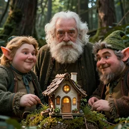 movie scene portrait closeup, real life team of chubby elves building a tiny house in the forest natural lighting by emmanuel lubezki