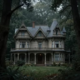 An epic photo of a gloomy Victorian mansion in dark forest.   by Diane Arbus and Louis Daguerre. highly detailed. 85mm, Bokeh