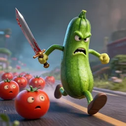 detailed 3 d render of an angry furious zucchini with a bloody sword in his hand, running down the road chasing after a group of scared tomatoes, hyper realistic octane render, dramatic lighting, high speed chase, nightmare, surrealism, pixar, disney, cartoon